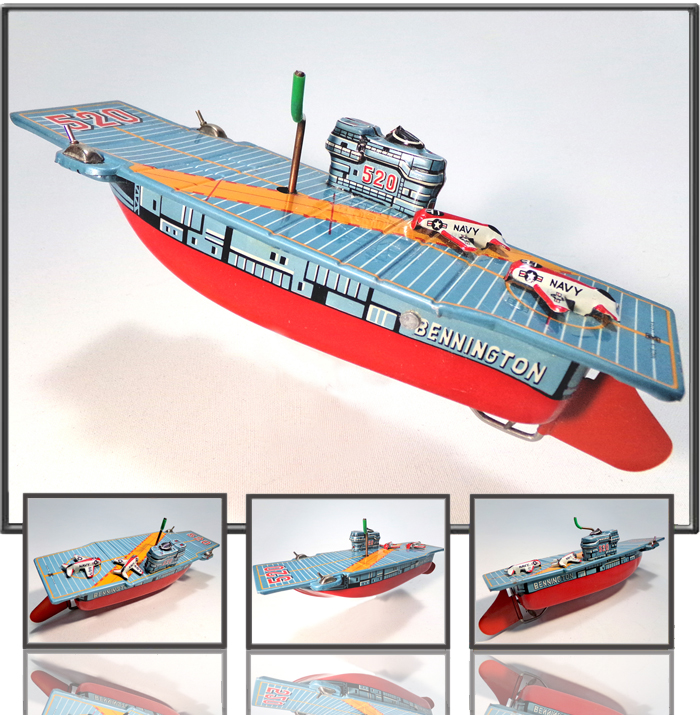 Antique Tin Boat Naval Aircraft carrier Bennington # 520 Navy,  made by Bandai, Japan, 1960th. 